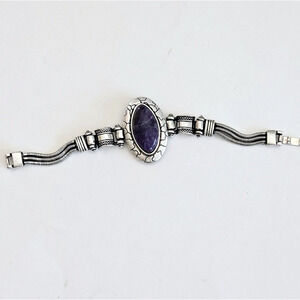 Chunky Bracelet Purple Stone Silvertone Southwestern Aztec Boho Maximalist NEW